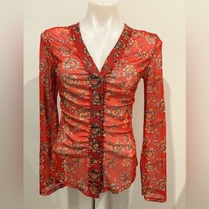 SHEIN Floral Red Sheer Long Sleeve Top